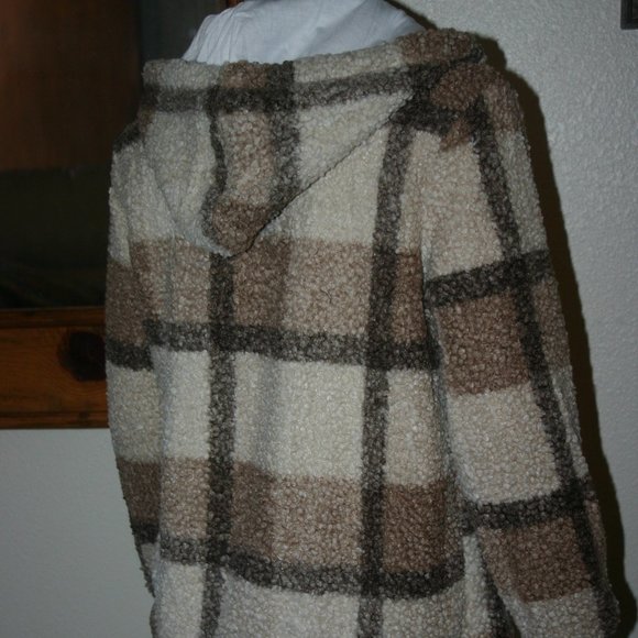Khaki Plaid Print  Fleece Hoodie Jacket NWOT - Picture 5 of 5